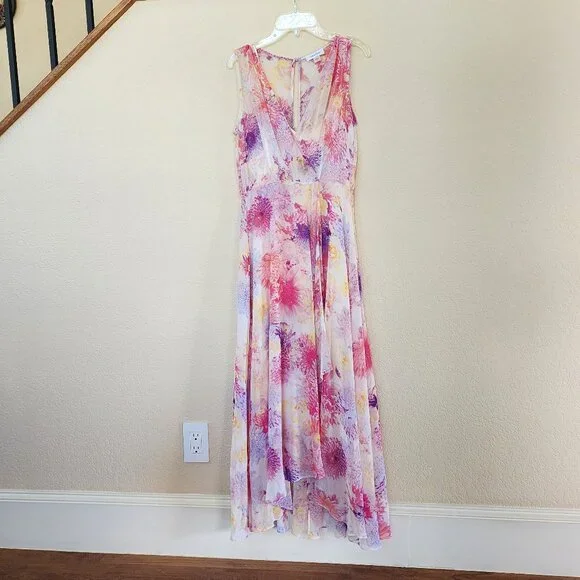 Calvin Klein Dress Sleeveless V-Neck Pink Floral Lined Chiffon Hi Lo Midi Sz 2 - Picture 2 of 10